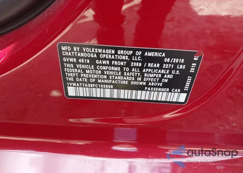 2015 Volkswagen Passat 1.8T Limited Edition z USA, uszkodzony, nr VIN 1VWAT7A38FC102809